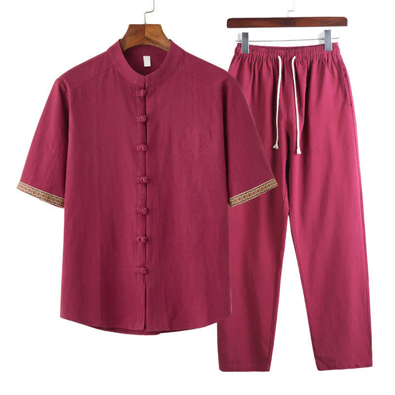 Buddha Stones Conjunto de verano de 2 piezas: camisa de manga corta con cuello mandarín y botones de rana, pantalón harem, ropa de meditación para hombre con bolsillos. - Carmesí - US/UK/AU46, EU56 (5XL) - image 1