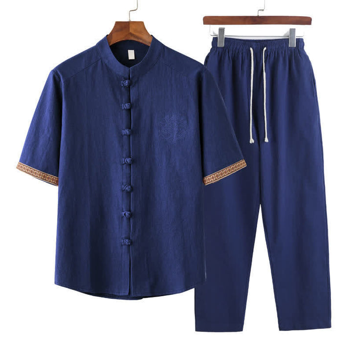 Buddha Stones Conjunto de verano de 2 piezas: camisa de manga corta con cuello mandarín y botones de rana, pantalón harem, ropa de meditación para hombre con bolsillos. - Azul real - US/UK/AU46, EU56 (5XL) - image 0