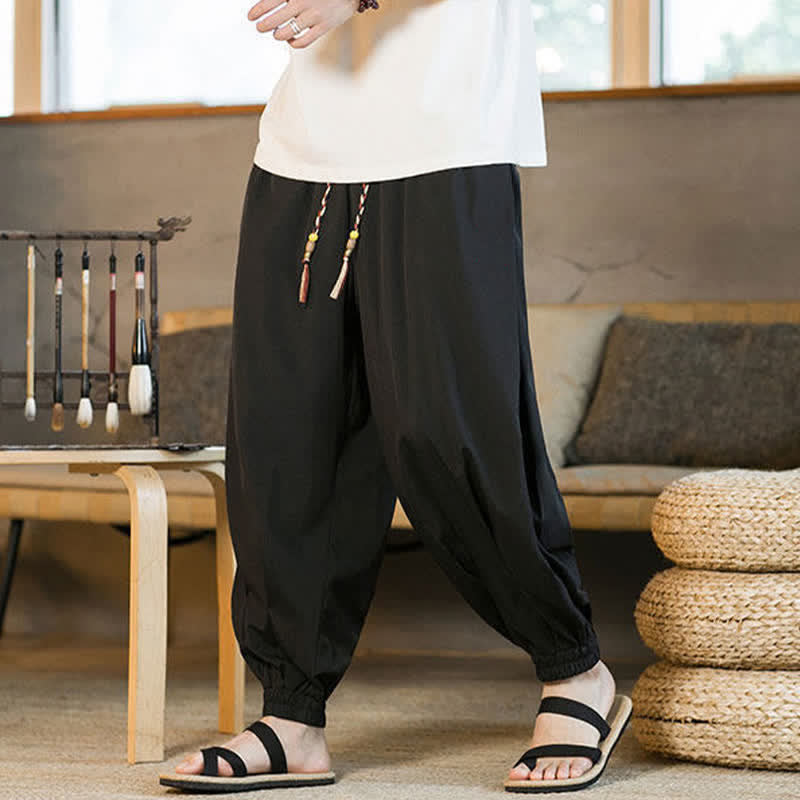 Buddha Stones Pantalones harem de verano informales para hombre con cordón ajustable, bajo elástico y bolsillos. - image 9