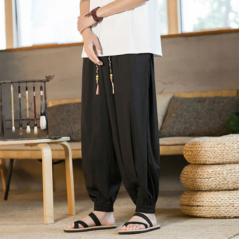 Buddha Stones Pantalones harem de verano informales para hombre con cordón ajustable, bajo elástico y bolsillos. - image 7