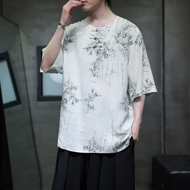 Buddha Stones Camisa de manga corta para hombre de algodón y lino con estampado de bambú y botones de rana, estilo verano Tang. - image 7