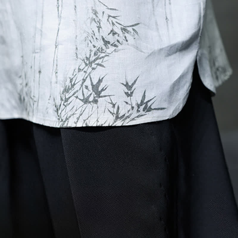 Buddha Stones Camisa de manga corta para hombre de algodón y lino con estampado de bambú y botones de rana, estilo verano Tang. - image 10