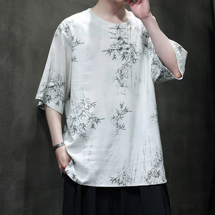 Buddha Stones Camisa de manga corta para hombre de algodón y lino con estampado de bambú y botones de rana, estilo verano Tang. - image 6