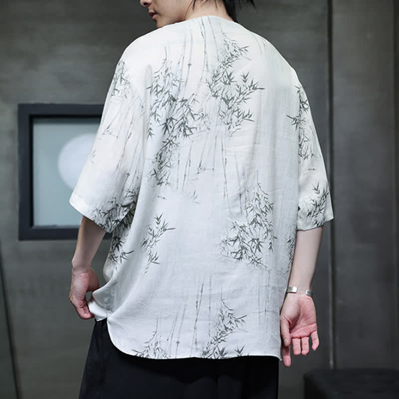 Buddha Stones Camisa de manga corta para hombre de algodón y lino con estampado de bambú y botones de rana, estilo verano Tang. - image 4