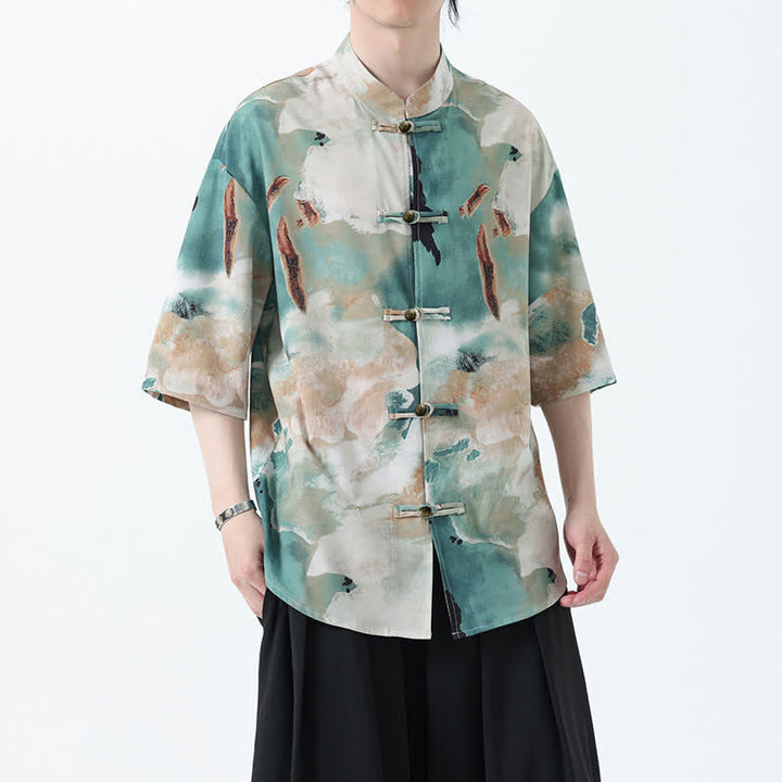 Buddha Stones Camisa de manga corta para hombre estilo Summer Tang con cuello mandarín, botones de rana y estampado de acuarela. - Azul cadete - US/UK/AU48，EU58(5XL) - image 0