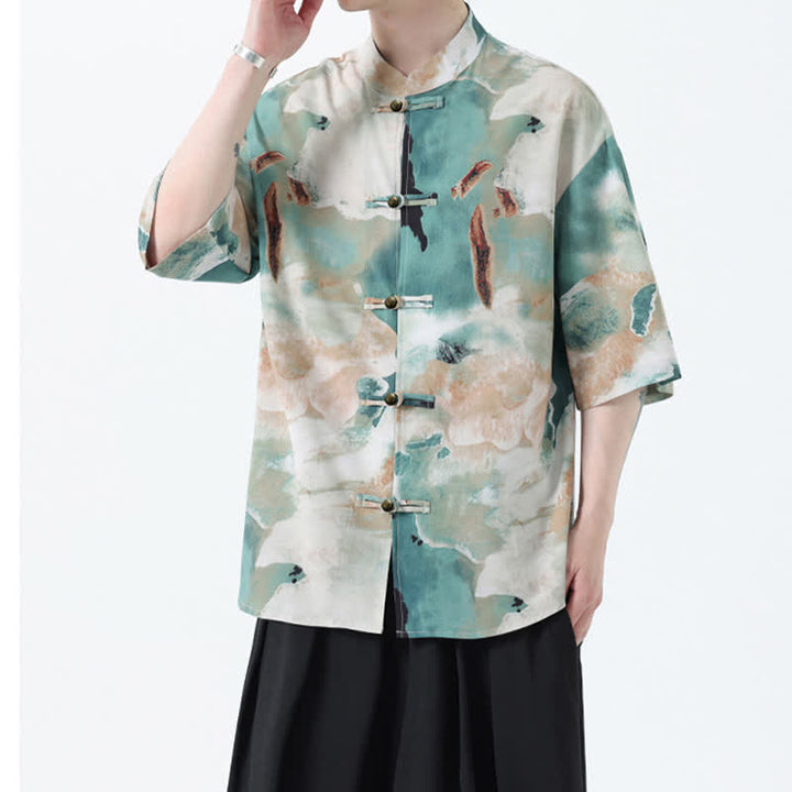 Buddha Stones Camisa de manga corta para hombre estilo Summer Tang con cuello mandarín, botones de rana y estampado de acuarela. - image 3