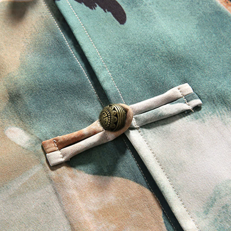 Buddha Stones Camisa de manga corta para hombre estilo Summer Tang con cuello mandarín, botones de rana y estampado de acuarela. - image 10