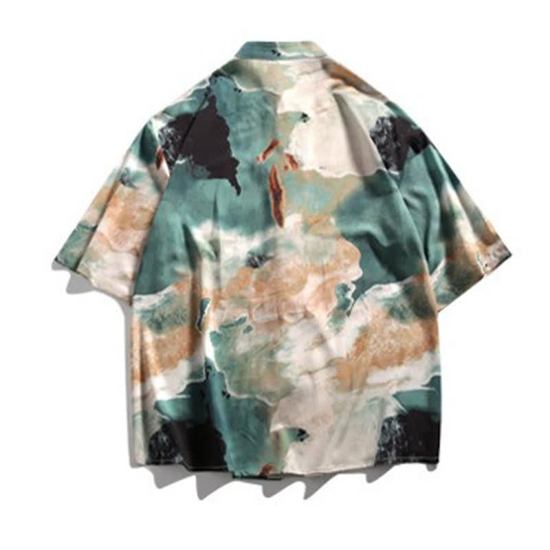 Buddha Stones Camisa de manga corta para hombre estilo Summer Tang con cuello mandarín, botones de rana y estampado de acuarela. - image 8