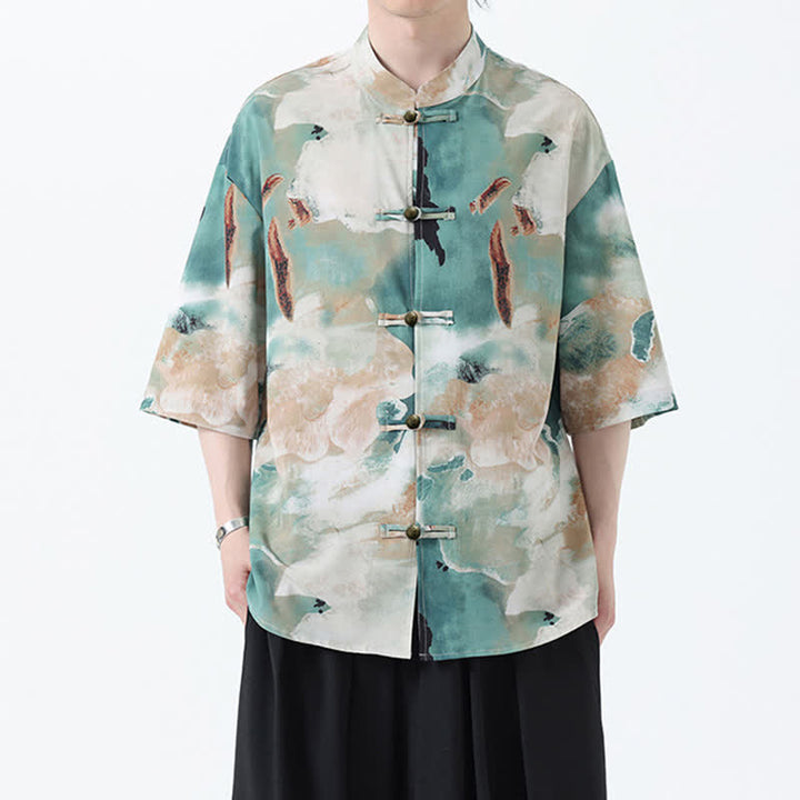 Buddha Stones Camisa de manga corta para hombre estilo Summer Tang con cuello mandarín, botones de rana y estampado de acuarela. - image 1