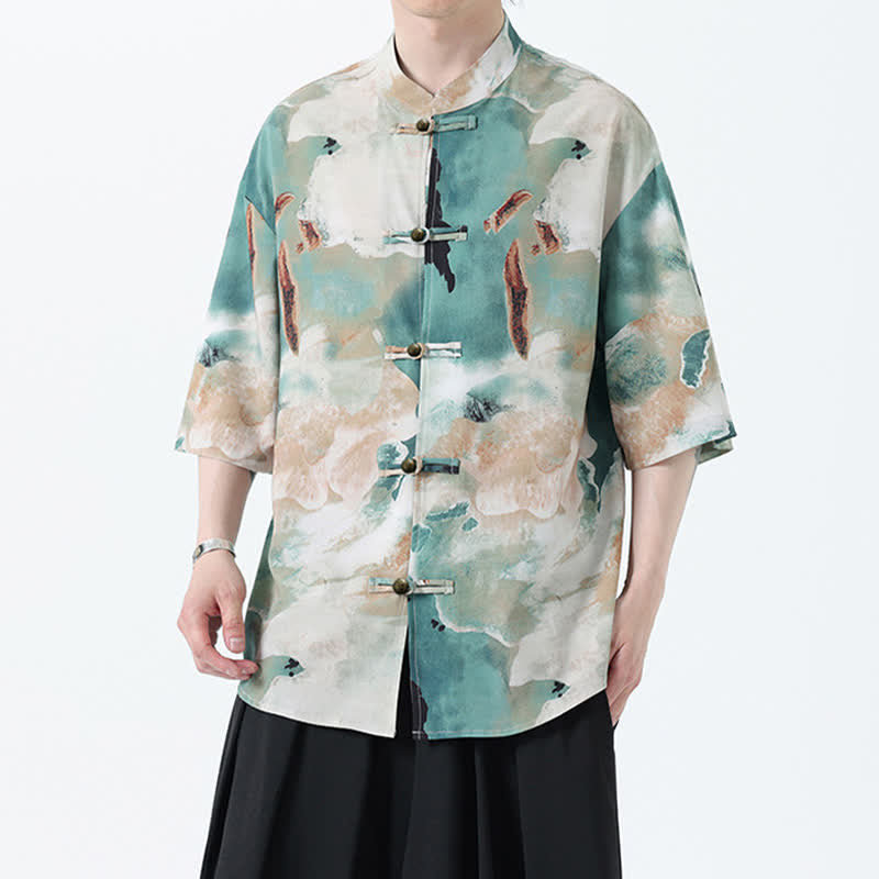Buddha Stones Camisa de manga corta para hombre estilo Summer Tang con cuello mandarín, botones de rana y estampado de acuarela. - image 2
