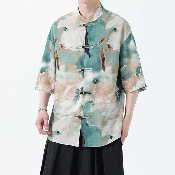 Buddha Stones Camisa de manga corta para hombre estilo Summer Tang con cuello mandarín, botones de rana y estampado de acuarela. - image 2