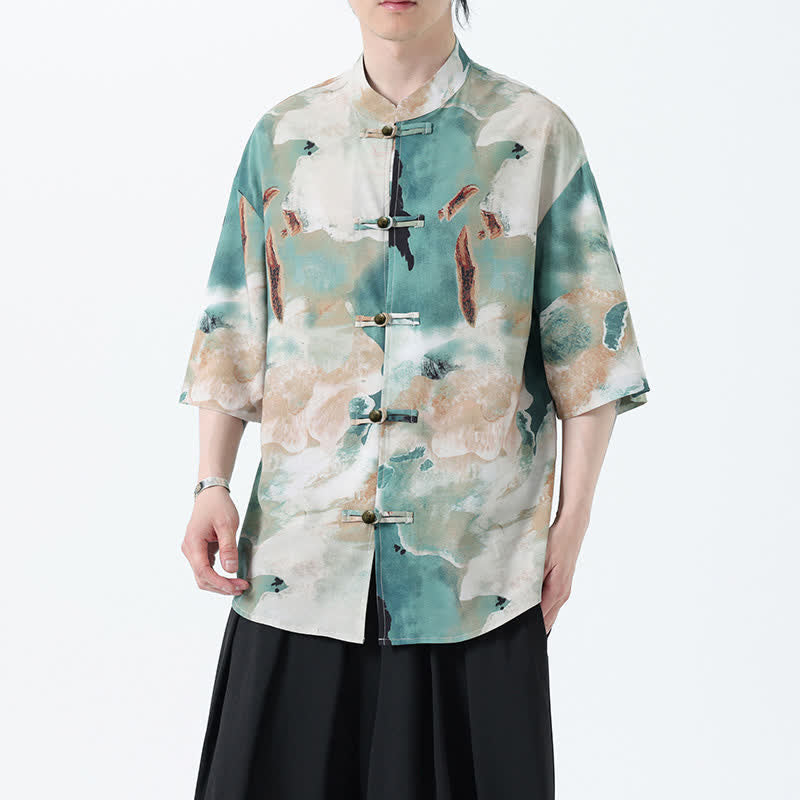 Buddha Stones Camisa de manga corta para hombre estilo Summer Tang con cuello mandarín, botones de rana y estampado de acuarela. - image 6