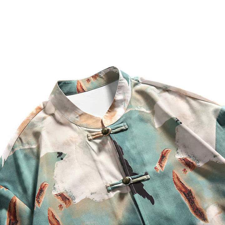 Buddha Stones Camisa de manga corta para hombre estilo Summer Tang con cuello mandarín, botones de rana y estampado de acuarela. - image 9