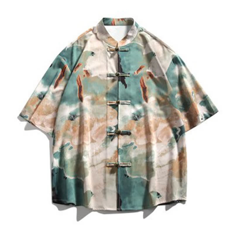 Buddha Stones Camisa de manga corta para hombre estilo Summer Tang con cuello mandarín, botones de rana y estampado de acuarela. - image 7