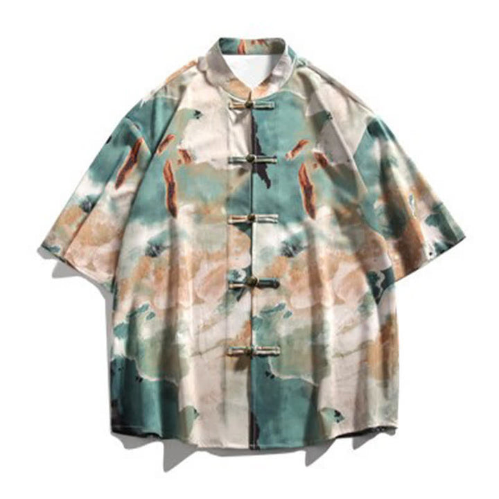 Buddha Stones Camisa de manga corta para hombre estilo Summer Tang con cuello mandarín, botones de rana y estampado de acuarela. - image 7