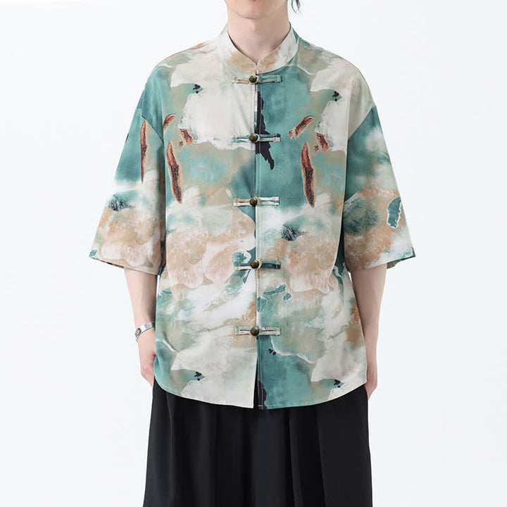 Buddha Stones Camisa de manga corta para hombre estilo Summer Tang con cuello mandarín, botones de rana y estampado de acuarela. - image 5