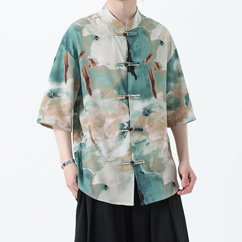 Buddha Stones Camisa de manga corta para hombre estilo Summer Tang con cuello mandarín, botones de rana y estampado de acuarela. - image 4