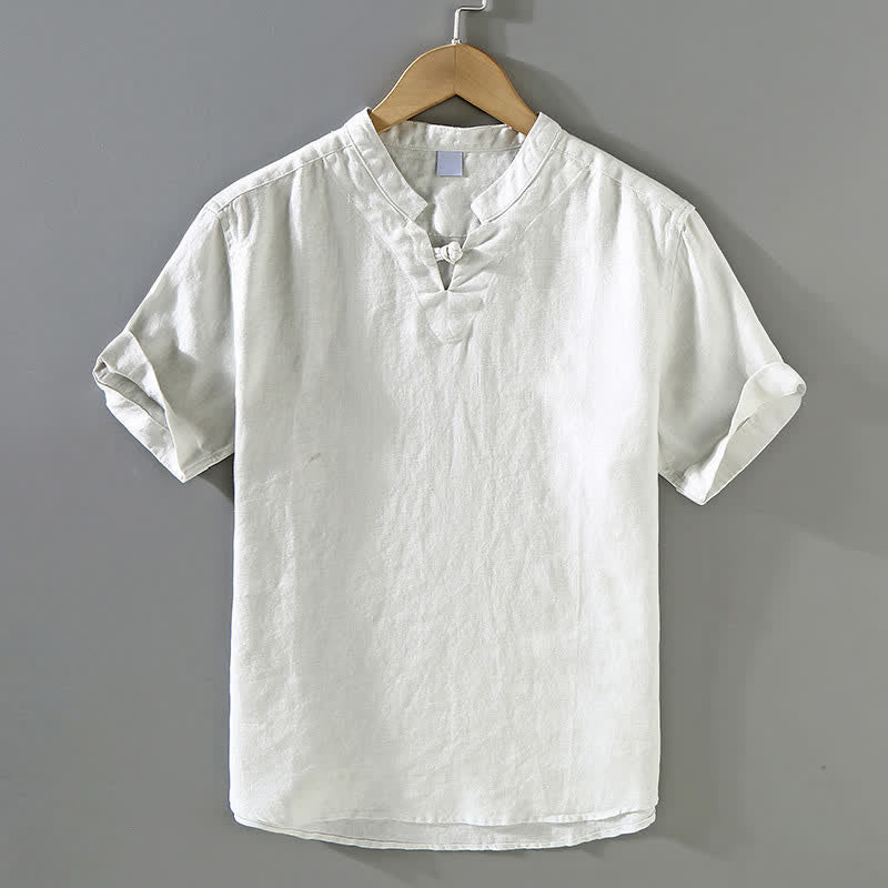 Buddha Stones Camisa de manga corta para hombre, color lino liso, estilo casual de verano, con cuello mandarín y botones de rana. - Humo blanco - US/UK/AU42, EU52 (3XL) - image 0