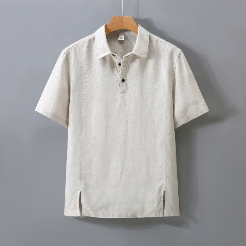 Buddha Stones Camisa de manga corta para hombre, minimalista, con botones y abertura lateral, de lino liso, estilo verano. - Lino - US/UK/AU42, EU52 (3XL) - image 0