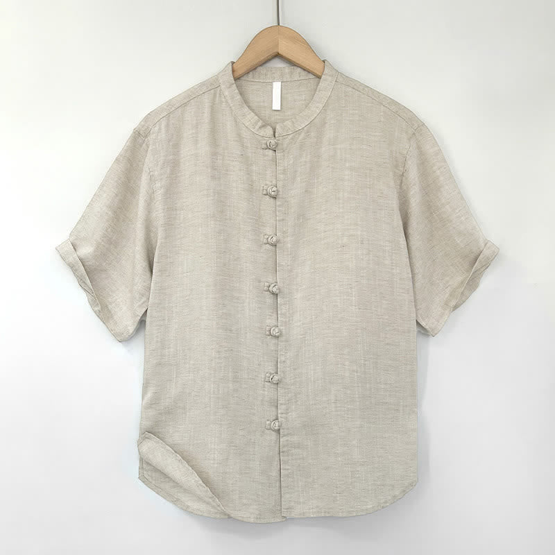 Buddha Stones Camisa de manga corta para hombre, color liso, con cuello mandarín y botones de rana, estilo minimalista de verano. - Beige - US/UK/AU44, EU54 (4XL) - image 0