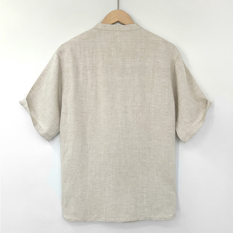 Buddha Stones Camisa de manga corta para hombre, color liso, con cuello mandarín y botones de rana, estilo minimalista de verano. - image 1