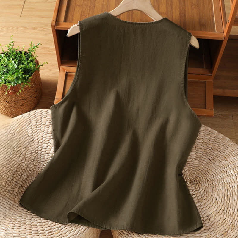 Buddha Stones Camisas sin mangas de verano para mujer con bordado floral y bolsillos. - image 15