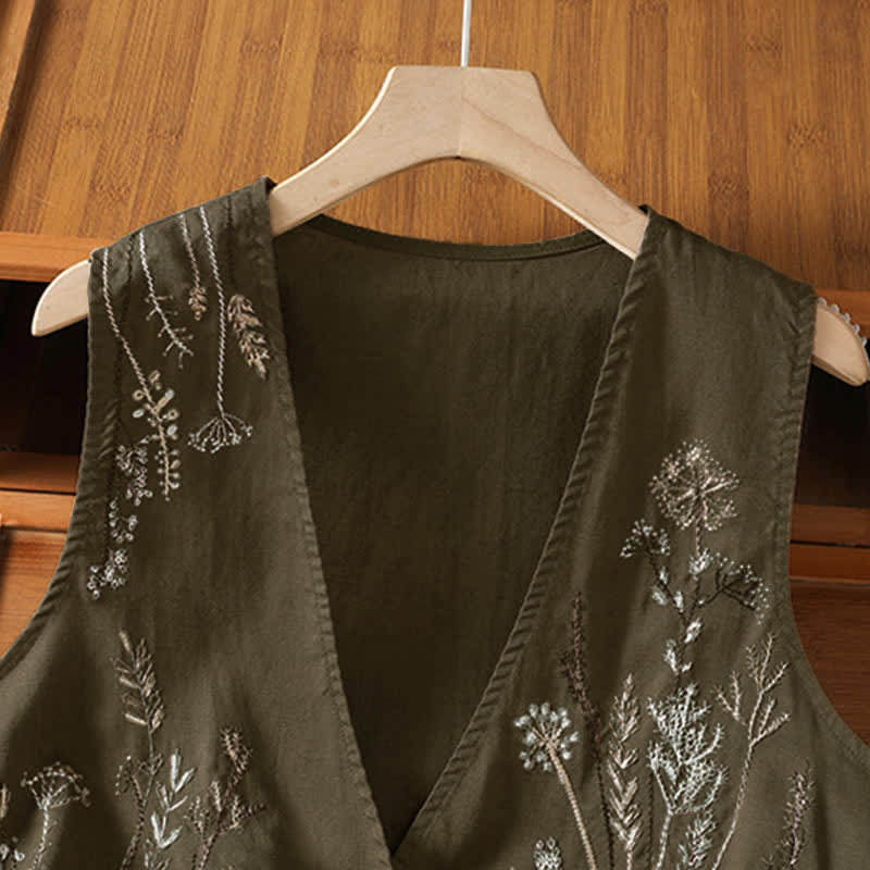 Buddha Stones Camisas sin mangas de verano para mujer con bordado floral y bolsillos. - image 16