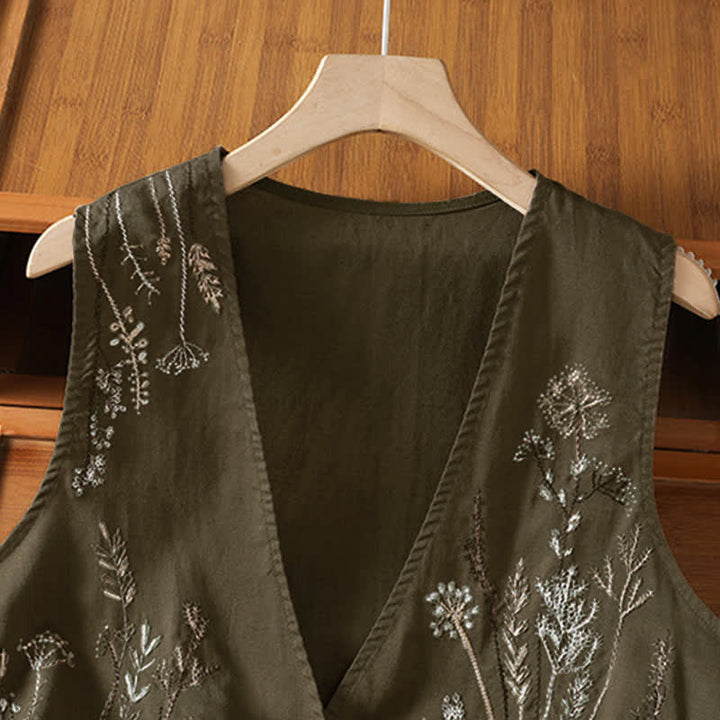 Buddha Stones Camisas sin mangas de verano para mujer con bordado floral y bolsillos. - image 16