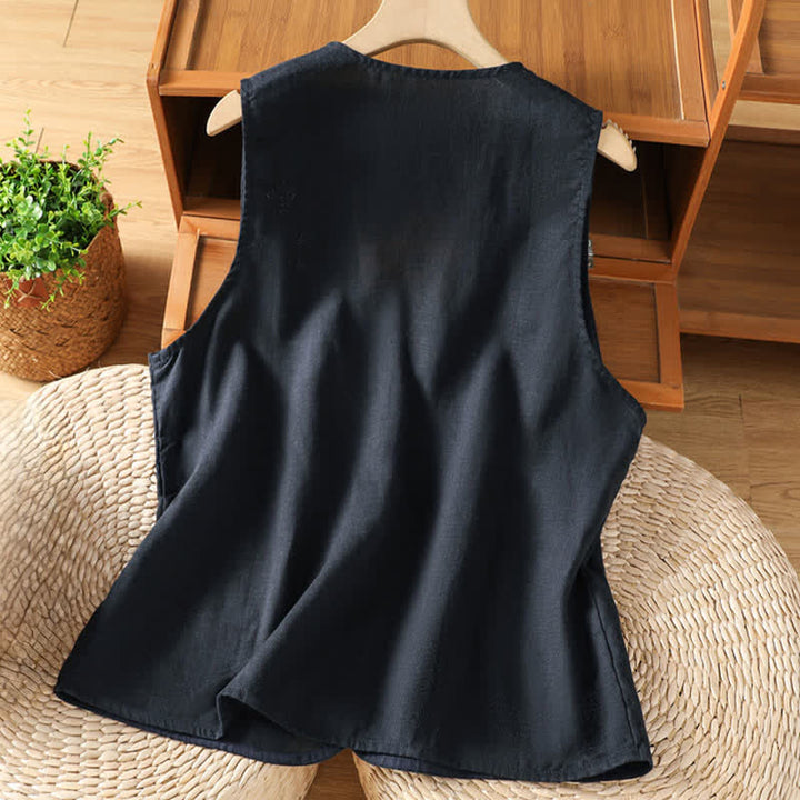Buddha Stones Camisas sin mangas de verano para mujer con bordado floral y bolsillos. - image 9