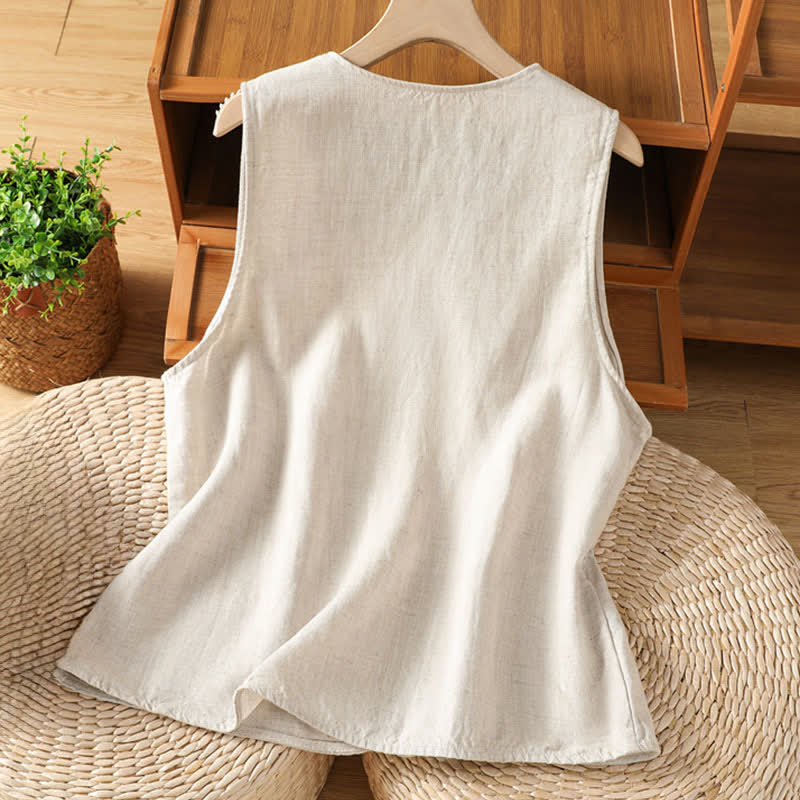 Buddha Stones Camisas sin mangas de verano para mujer con bordado floral y bolsillos. - image 1