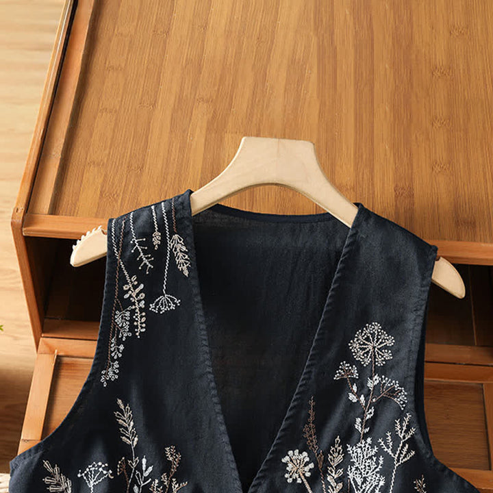 Buddha Stones Camisas sin mangas de verano para mujer con bordado floral y bolsillos. - image 10