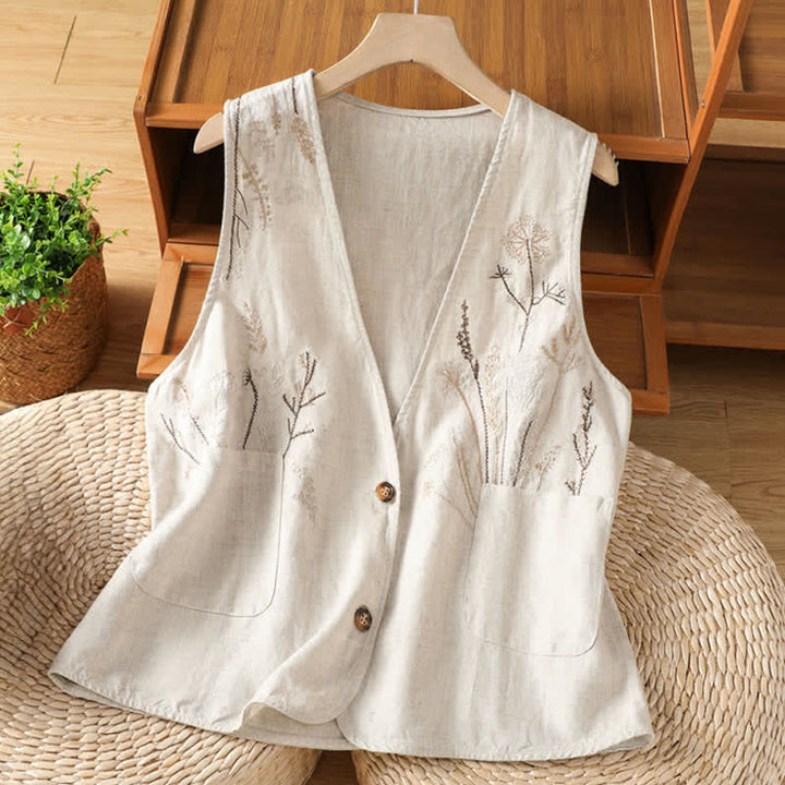 Buddha Stones Camisas sin mangas de verano para mujer con bordado floral y bolsillos. - Beige - US8-10，UK/AU12-14，EU40-42 (2XL) - image 0