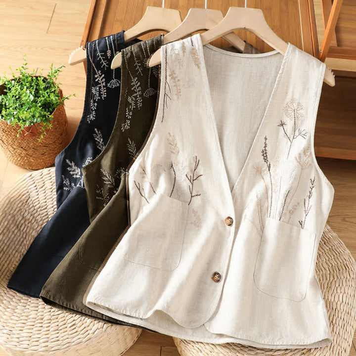 Buddha Stones Camisas sin mangas de verano para mujer con bordado floral y bolsillos. - image 22