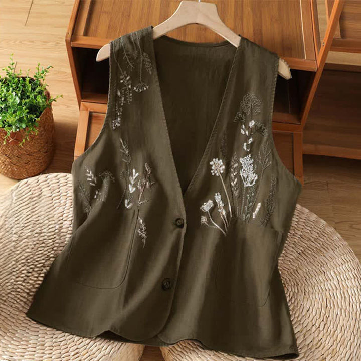 Buddha Stones Camisas sin mangas de verano para mujer con bordado floral y bolsillos. - marrón silla de montar - US8-10，UK/AU12-14，EU40-42 (2XL) - image 14