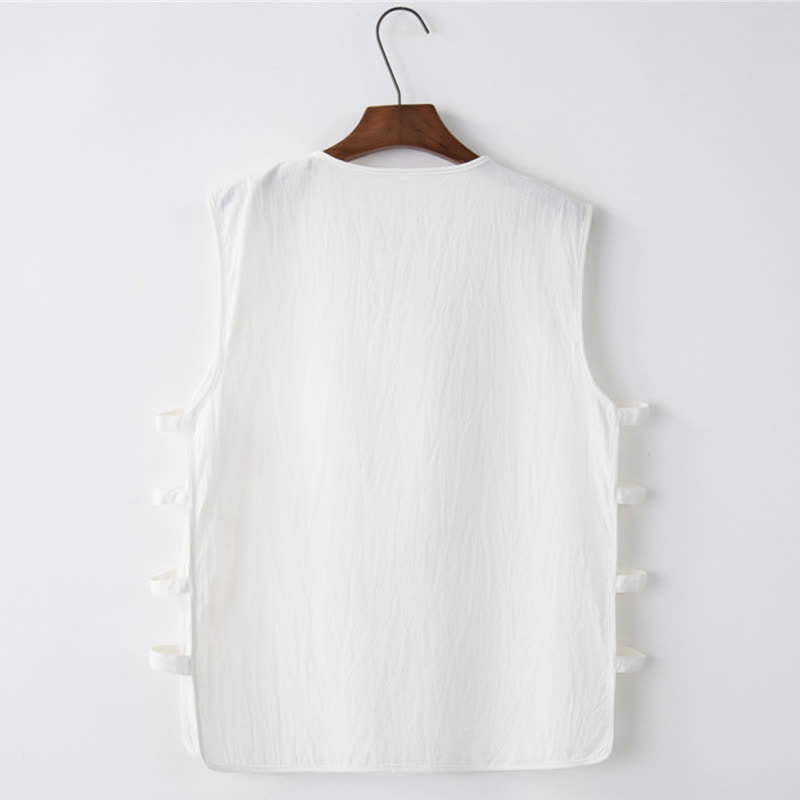 Buddha Stones Camiseta sin mangas para hombre estilo Tang de verano con botones de rana, abertura lateral y diseño calado, con bolsillos. - image 8