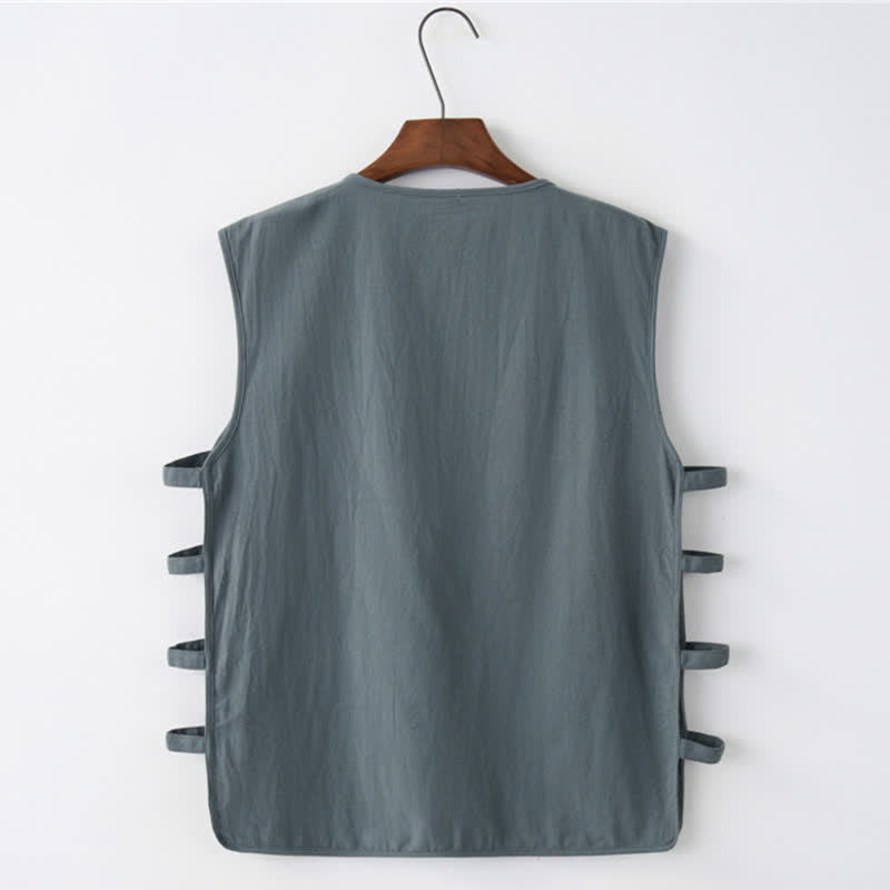 Buddha Stones Camiseta sin mangas para hombre estilo Tang de verano con botones de rana, abertura lateral y diseño calado, con bolsillos. - image 2