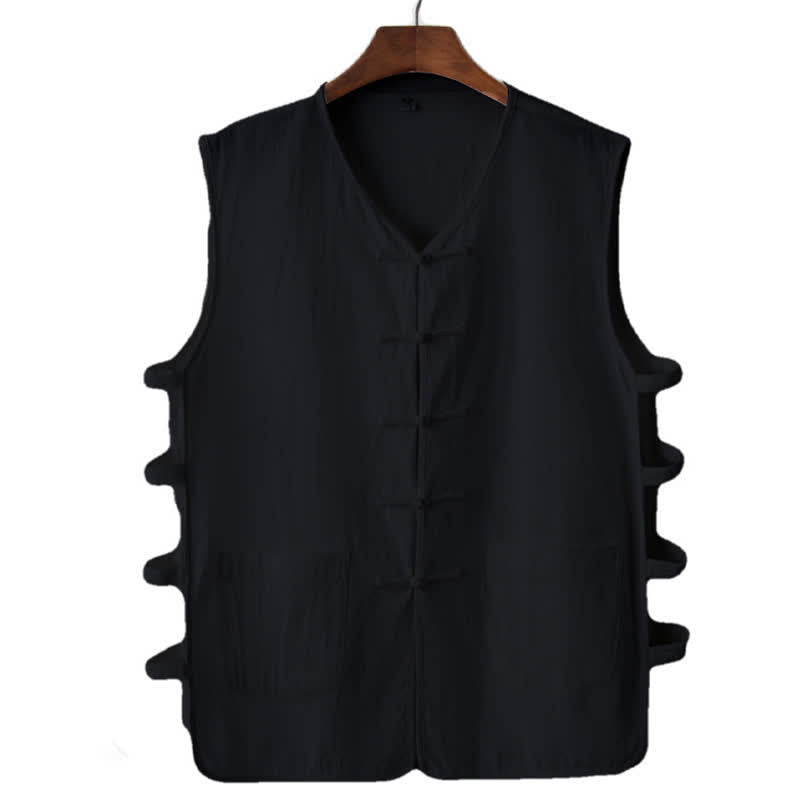 Buddha Stones Camiseta sin mangas para hombre estilo Tang de verano con botones de rana, abertura lateral y diseño calado, con bolsillos. - Negro - US/UK/AU46, EU56 (5XL) - image 6