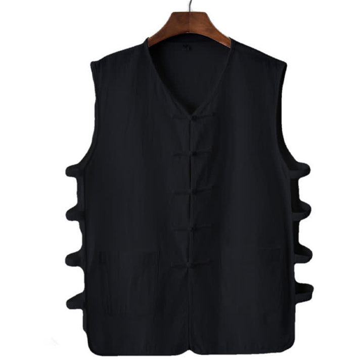 Buddha Stones Camiseta sin mangas para hombre estilo Tang de verano con botones de rana, abertura lateral y diseño calado, con bolsillos. - Negro - US/UK/AU46, EU56 (5XL) - image 6
