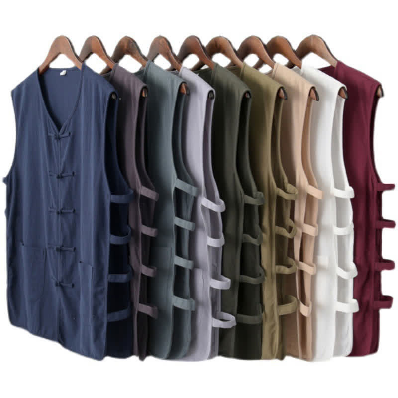 Buddha Stones Camiseta sin mangas para hombre estilo Tang de verano con botones de rana, abertura lateral y diseño calado, con bolsillos. - image 14