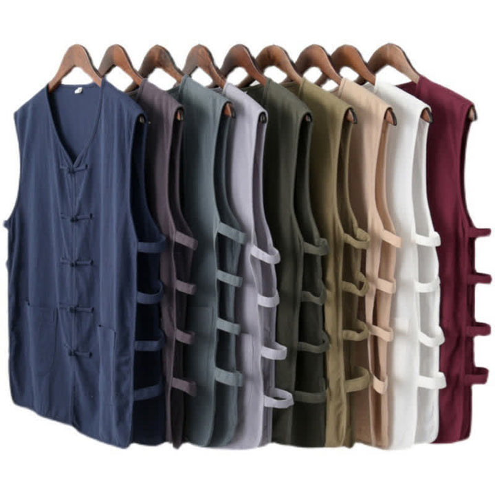 Buddha Stones Camiseta sin mangas para hombre estilo Tang de verano con botones de rana, abertura lateral y diseño calado, con bolsillos. - image 14