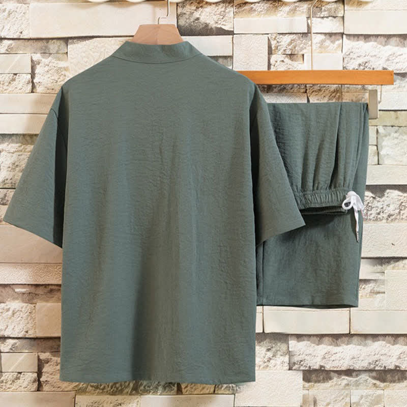 Buddha Stones Conjunto de verano de 2 piezas: camisa de manga corta con cuello mandarín, botones de rana y estampado de lavado a la tinta, pantalones bermudas, ropa de meditación para hombre con bolsillos. - image 9