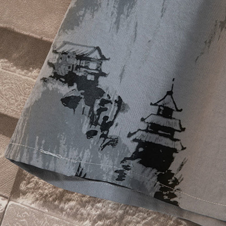 Buddha Stones Conjunto de verano de 2 piezas: camisa de manga corta con cuello mandarín, botones de rana y estampado de lavado a la tinta, pantalones bermudas, ropa de meditación para hombre con bolsillos. - image 6