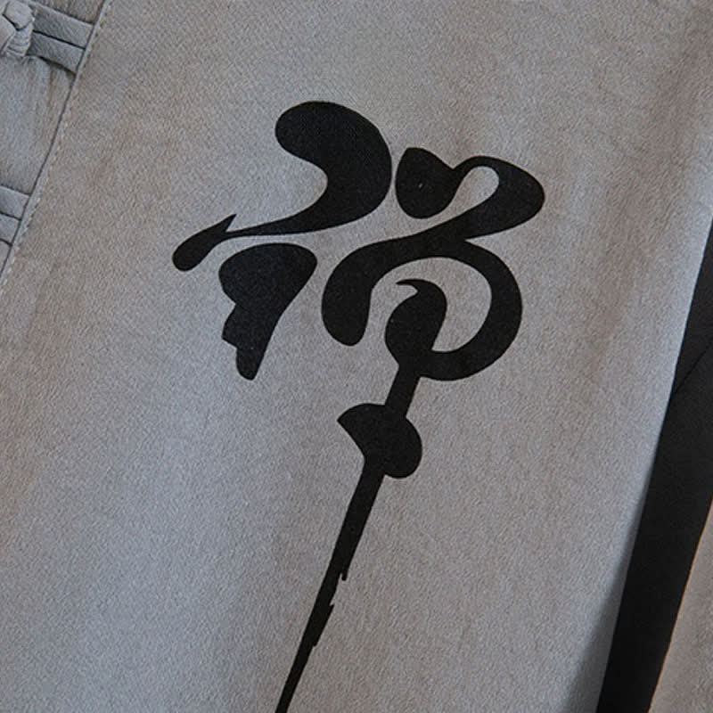 Buddha Stones Conjunto de verano de 2 piezas: camisa de manga corta con cuello mandarín, botones de rana y estampado de lavado a la tinta, pantalones bermudas, ropa de meditación para hombre con bolsillos. - image 7