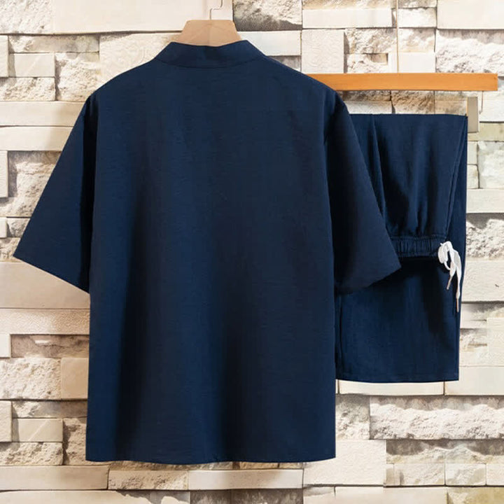 Buddha Stones Conjunto de verano de 2 piezas: camisa de manga corta con cuello mandarín, botones de rana y estampado de lavado a la tinta, pantalones bermudas, ropa de meditación para hombre con bolsillos. - image 11