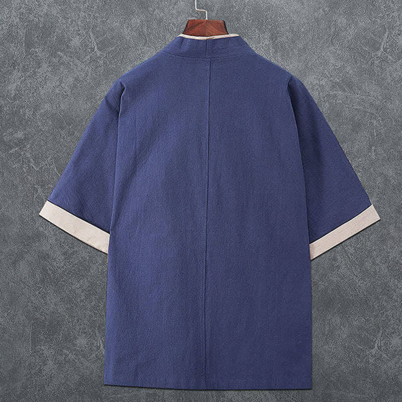 Buddha Stones Kimono de manga corta para hombre, minimalista, con cuello en V y botones de rana, ideal para el verano. - image 1