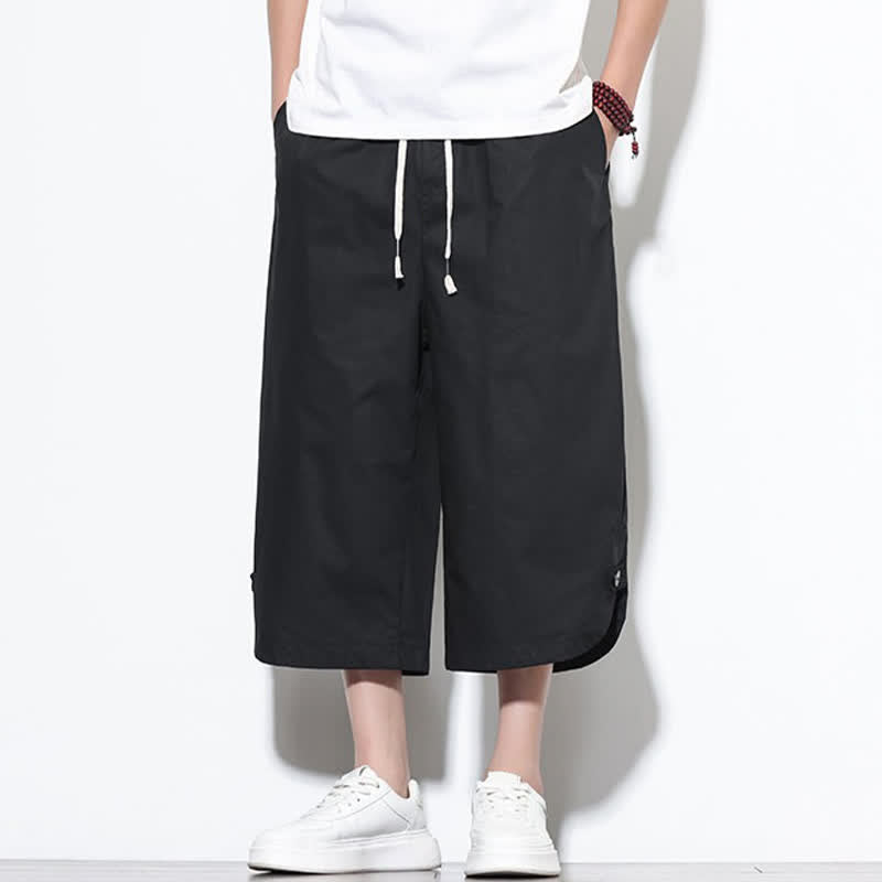 Buddha Stones Pantalones harem de algodón liso para hombre, estilo casual de verano, con cordón ajustable, aberturas laterales y bolsillos. - image 10