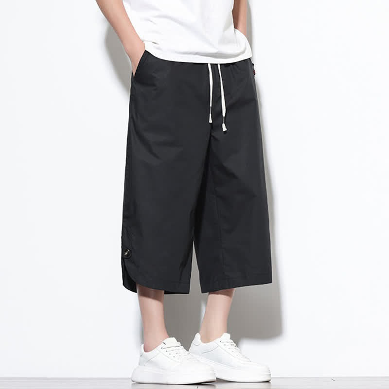 Buddha Stones Pantalones harem de algodón liso para hombre, estilo casual de verano, con cordón ajustable, aberturas laterales y bolsillos. - image 13