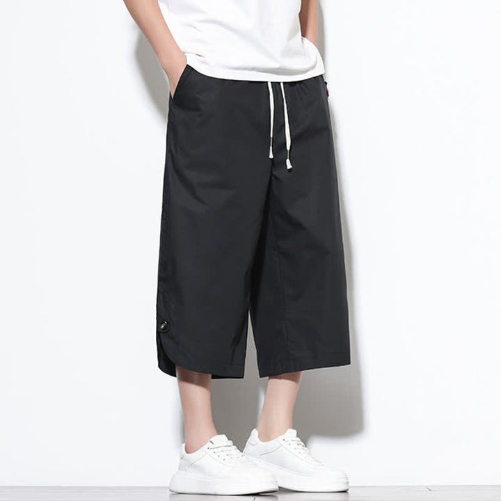 Buddha Stones Pantalones harem de algodón liso para hombre, estilo casual de verano, con cordón ajustable, aberturas laterales y bolsillos. - image 13
