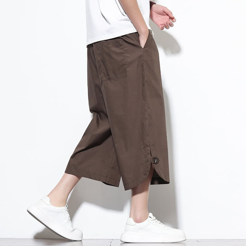 Buddha Stones Pantalones harem de algodón liso para hombre, estilo casual de verano, con cordón ajustable, aberturas laterales y bolsillos. - image 38