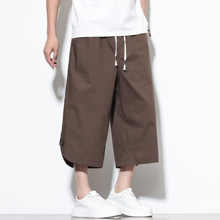 Buddha Stones Pantalones harem de algodón liso para hombre, estilo casual de verano, con cordón ajustable, aberturas laterales y bolsillos. - image 39